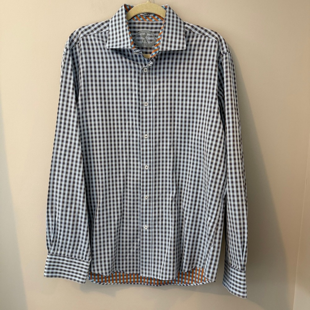 Bugatchi Shaped Fit Men's Long Sleeve Gingham‎ Dress Shirt Orange Blue